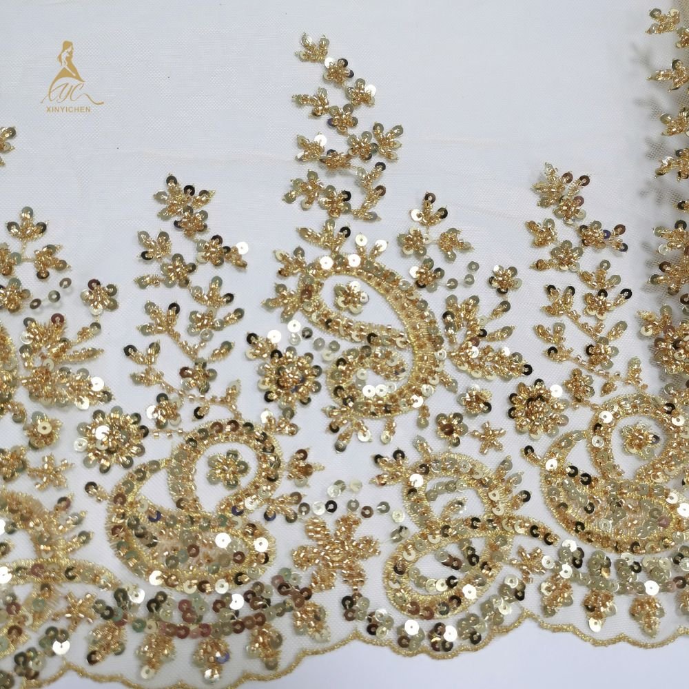 Fashionable champagne sequin bead embroidered trim sequins french lace wedding bridal dress for party