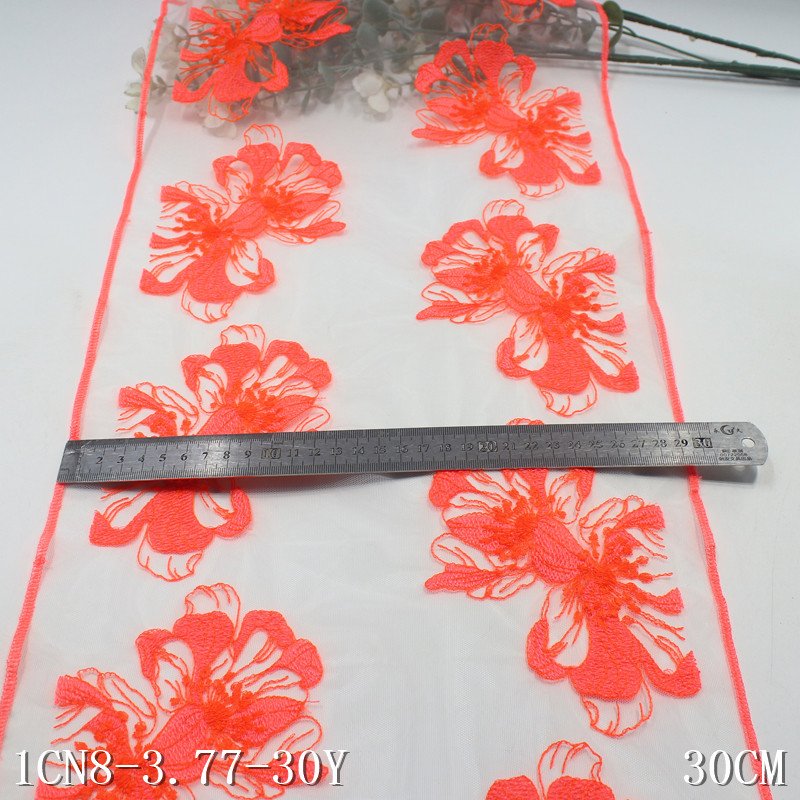 2024 bright orange flowers Embroidery Lace fabric 30cm wide white mesh Embroidered Lace Trim For sexy Lingerie