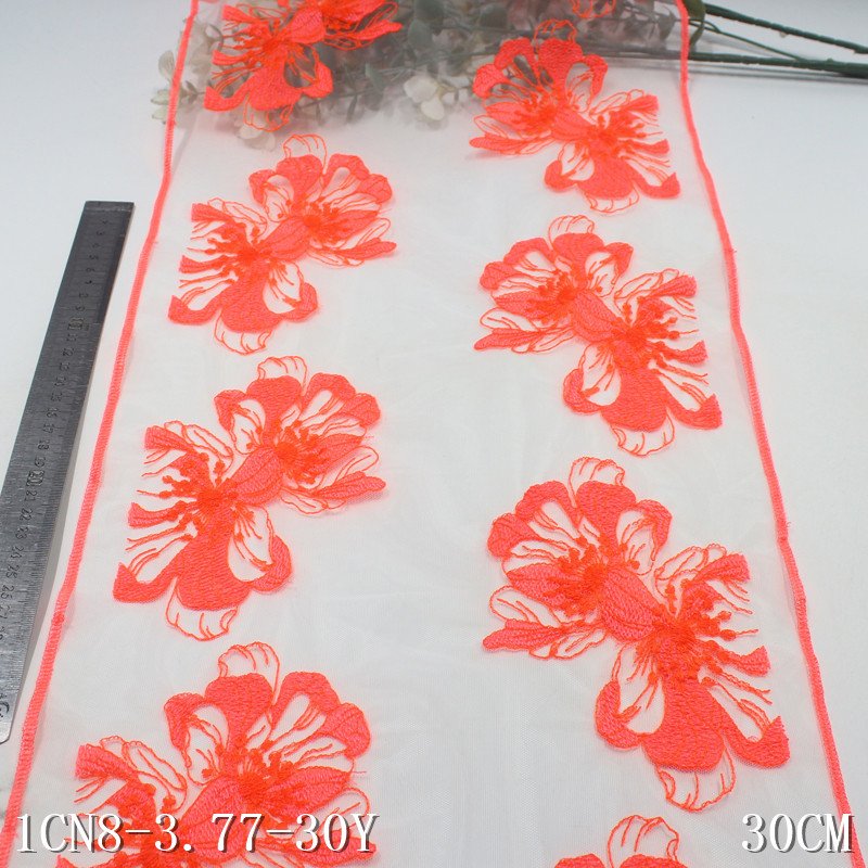 2024 bright orange flowers Embroidery Lace fabric 30cm wide white mesh Embroidered Lace Trim For sexy Lingerie