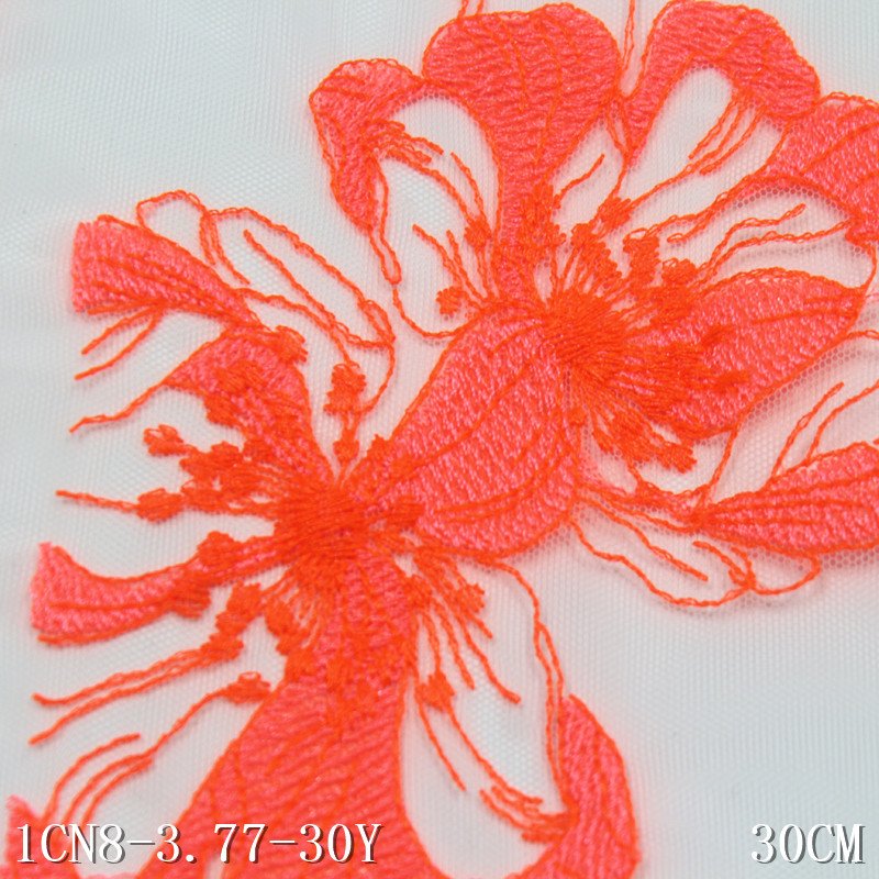 2024 bright orange flowers Embroidery Lace fabric 30cm wide white mesh Embroidered Lace Trim For sexy Lingerie