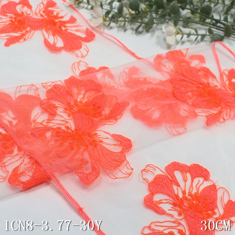2024 bright orange flowers Embroidery Lace fabric 30cm wide white mesh Embroidered Lace Trim For sexy Lingerie