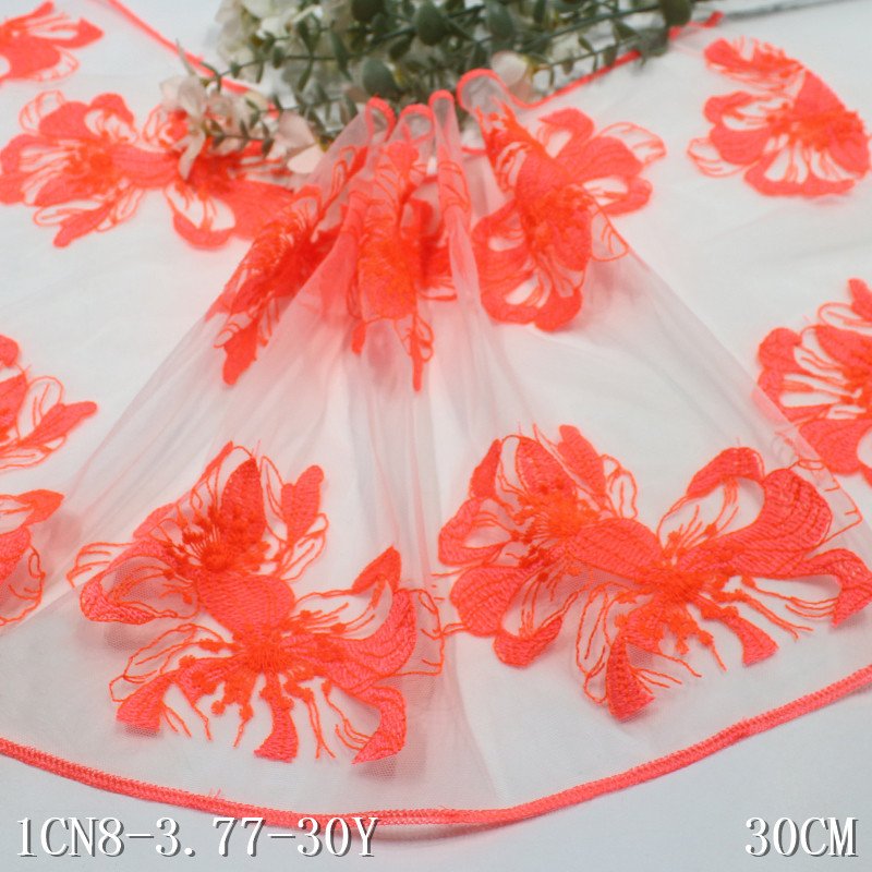 2024 bright orange flowers Embroidery Lace fabric 30cm wide white mesh Embroidered Lace Trim For sexy Lingerie
