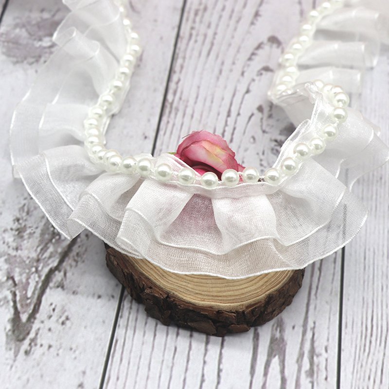 Hot Sell Wedding Bride Baby Clothes Decoration Sewing Materials Organza Crumpled Beaded Lace Trim