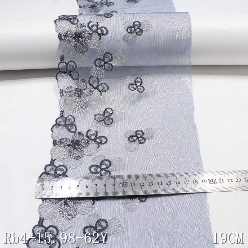 Grey Embroidery Flower Lace Trim Polyester Fabric for Women's Garment Accessories 19cm Wide
