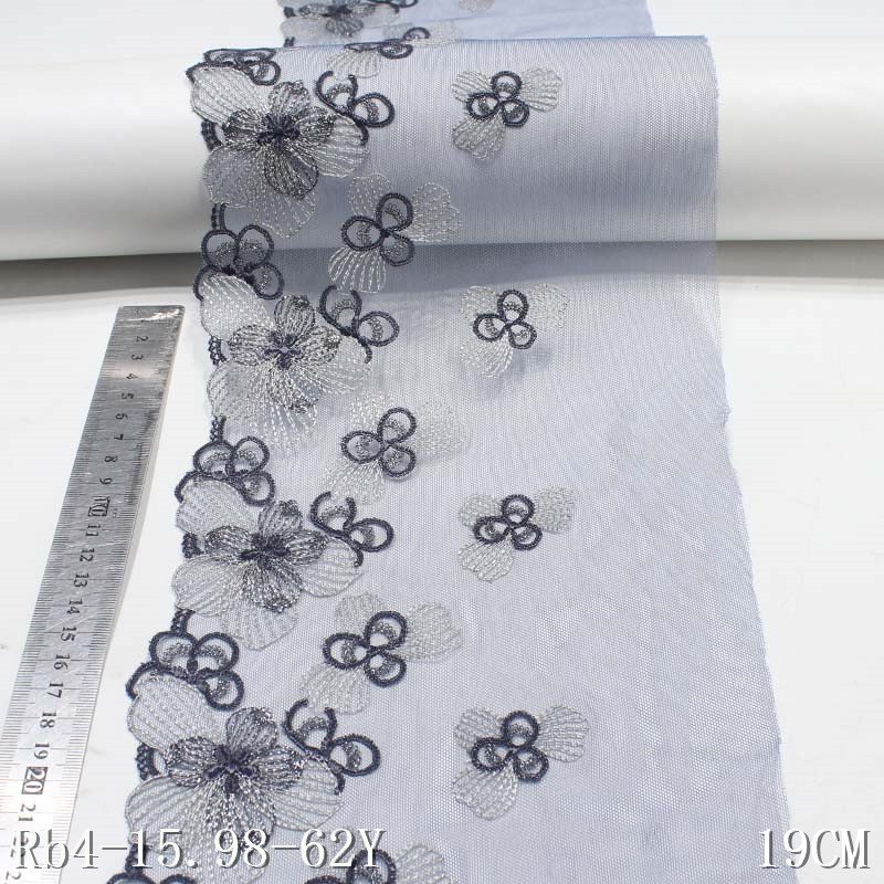 Grey Embroidery Flower Lace Trim Polyester Fabric for Women's Garment Accessories 19cm Wide
