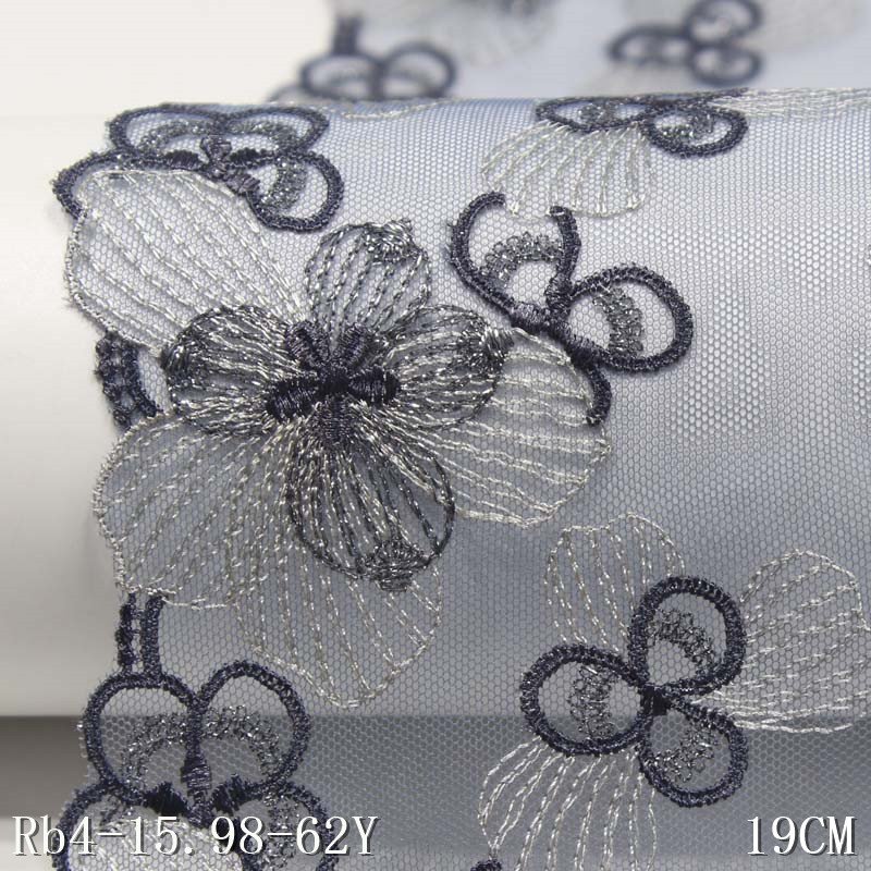 Grey Embroidery Flower Lace Trim Polyester Fabric for Women's Garment Accessories 19cm Wide