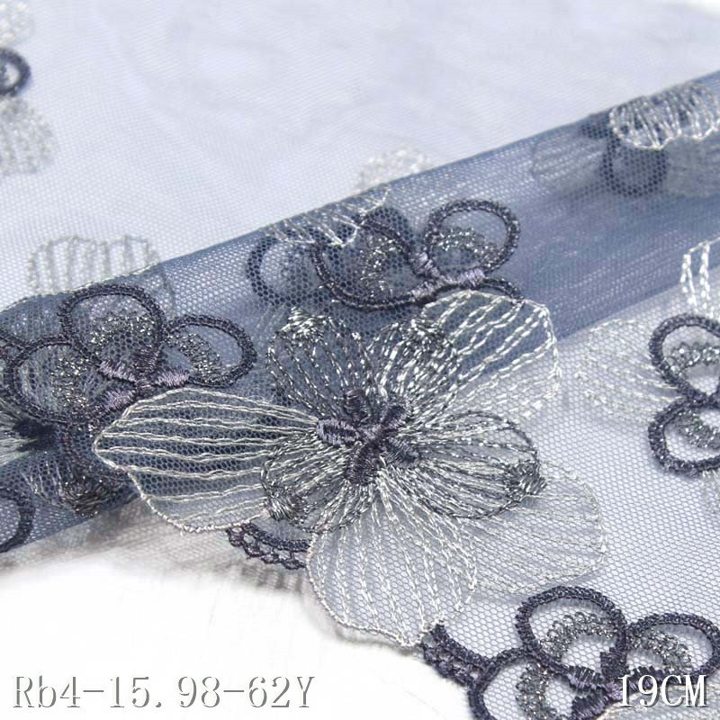 Grey Embroidery Flower Lace Trim Polyester Fabric for Women's Garment Accessories 19cm Wide