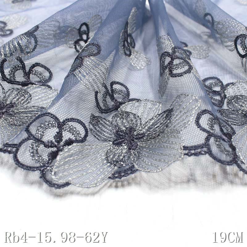 Grey Embroidery Flower Lace Trim Polyester Fabric for Women's Garment Accessories 19cm Wide