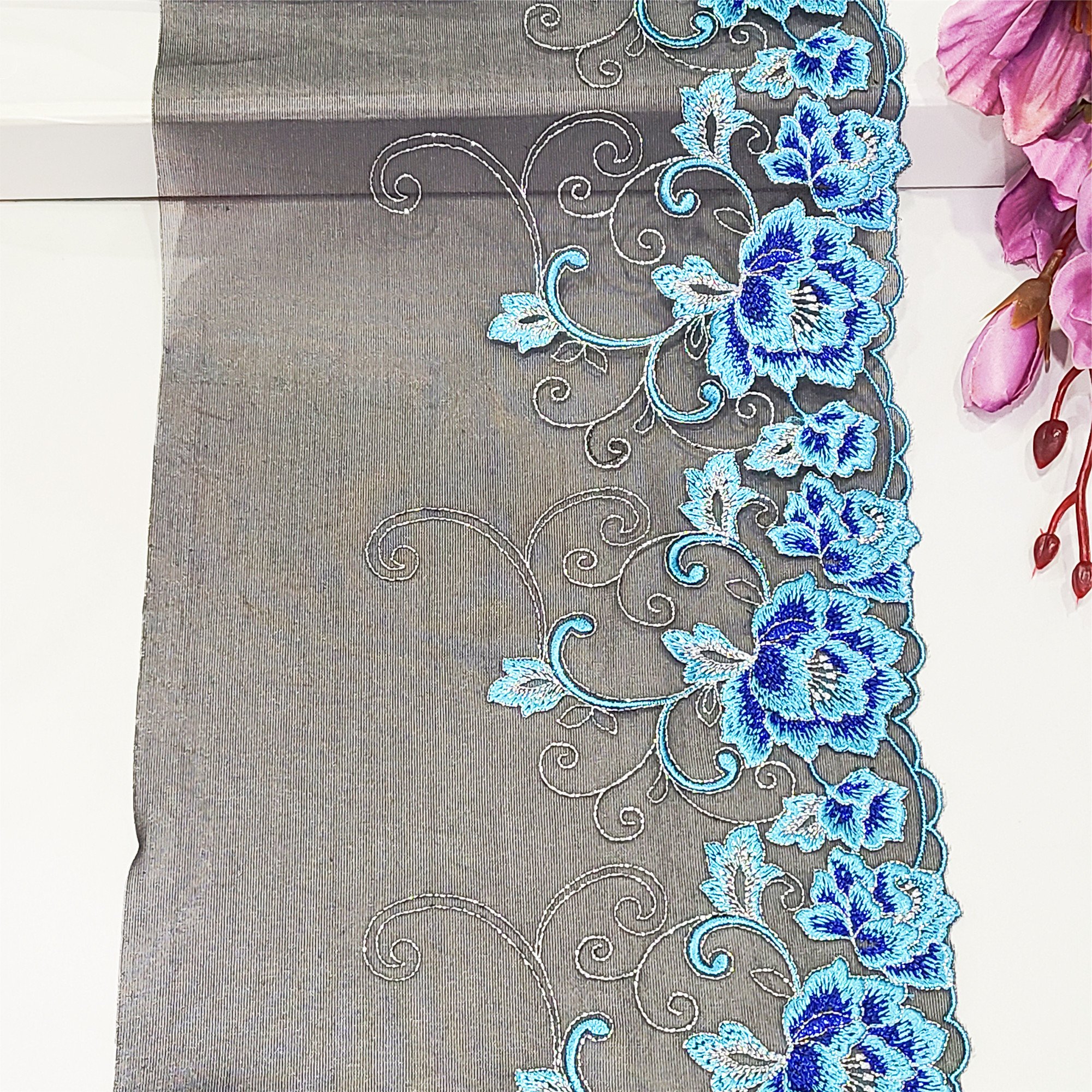 mesh embroidery blue purple flowers lace underwear trim fabric lingerie accessories