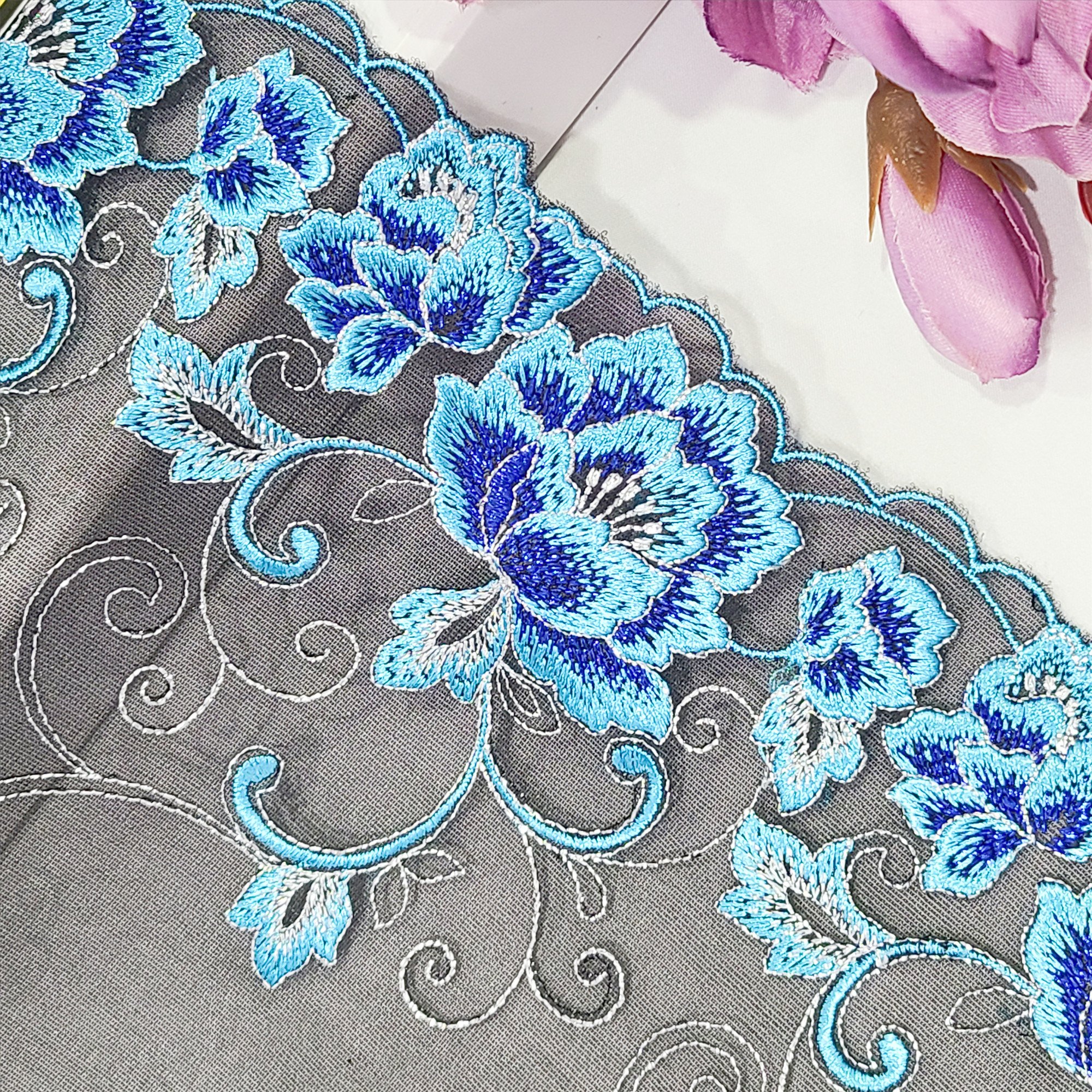 mesh embroidery blue purple flowers lace underwear trim fabric lingerie accessories