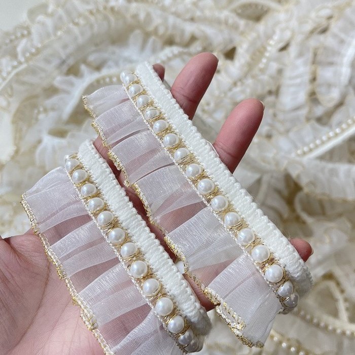 4cm Organza Tulle pleated Ribbon with pearls Polyester Ruffle lace Trims in white and gold for Dresses Garments DIY accessories