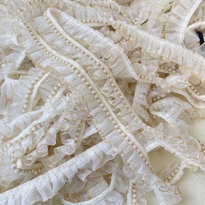 4cm Organza Tulle pleated Ribbon with pearls Polyester Ruffle lace Trims in white and gold for Dresses Garments DIY accessories