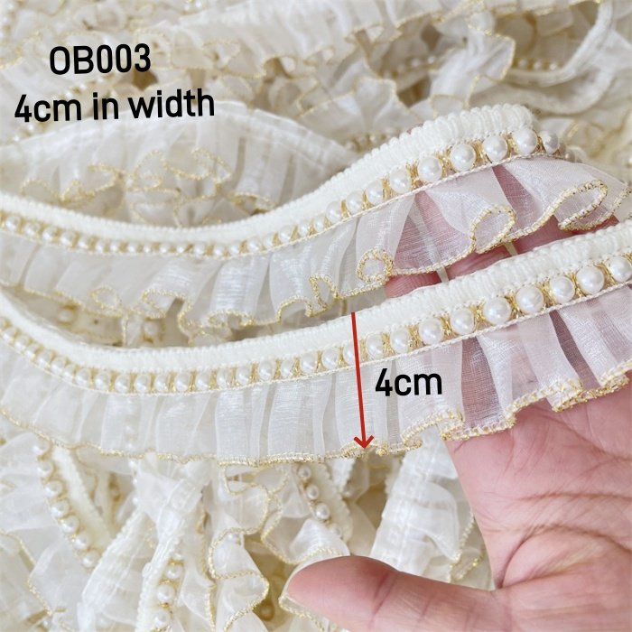 4cm Organza Tulle pleated Ribbon with pearls Polyester Ruffle lace Trims in white and gold for Dresses Garments DIY accessories