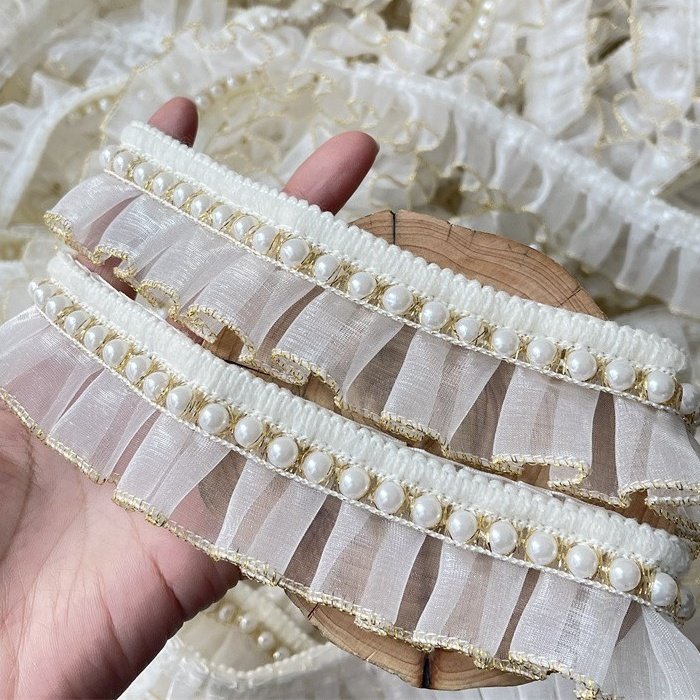 4cm Organza Tulle pleated Ribbon with pearls Polyester Ruffle lace Trims in white and gold for Dresses Garments DIY accessories