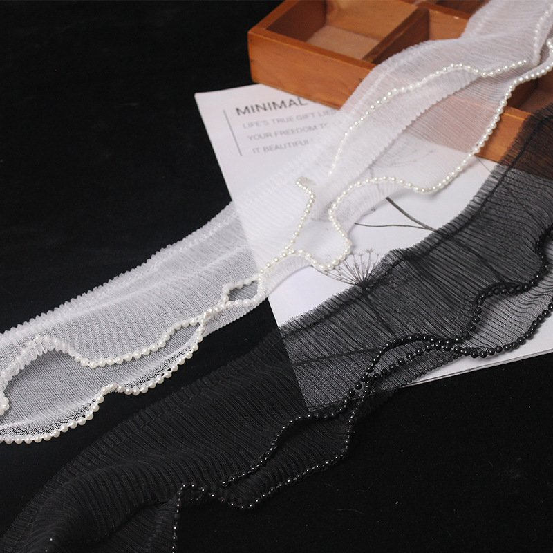 DIY Sewing Ruffle Applique Double layer Collar 6CM Wide New Embroidery White Flower Beads Tulle Lace Fabric Trim Ribbon