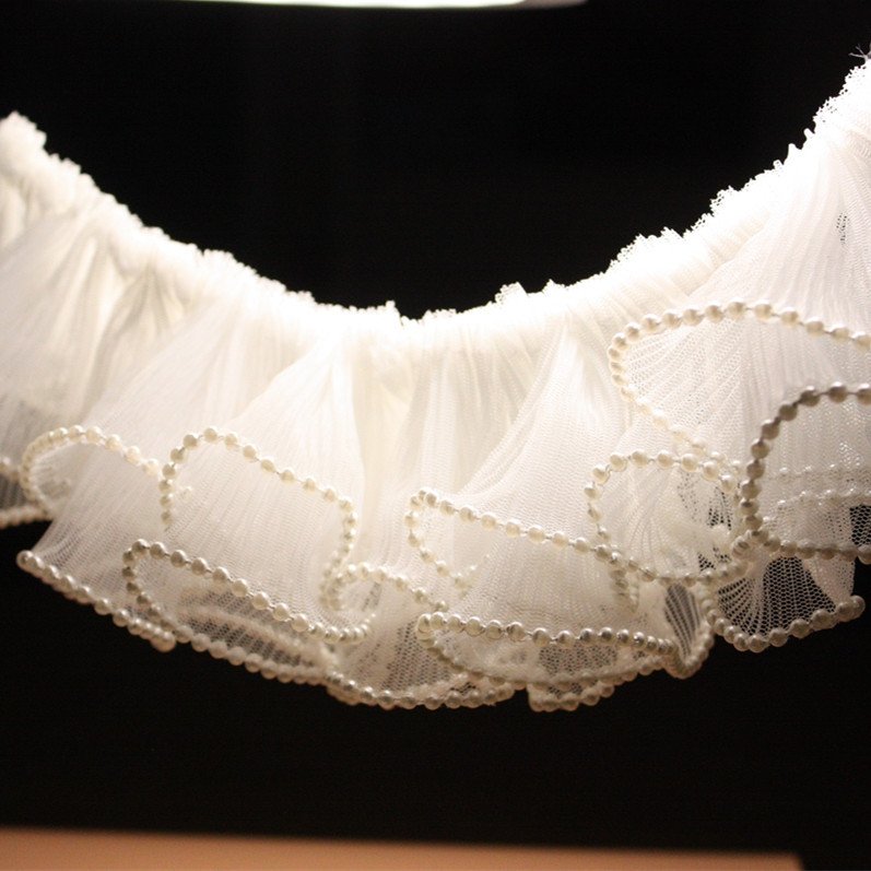 DIY Sewing Ruffle Applique Double layer Collar 6CM Wide New Embroidery White Flower Beads Tulle Lace Fabric Trim Ribbon
