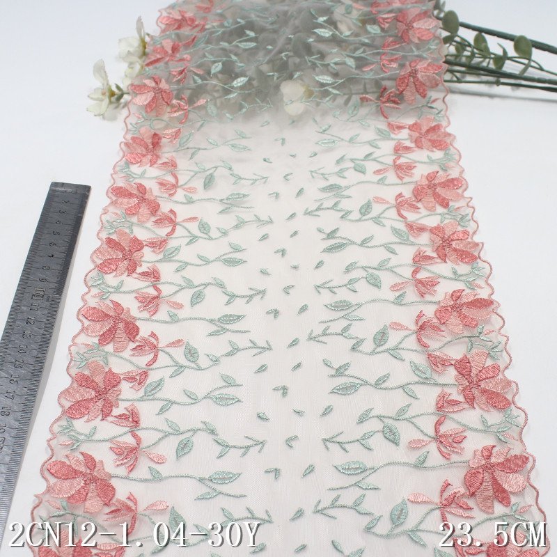 Colorful Flower Embroidery Lace Trim 23cm Soft stretch light pink Mesh Tulle Lace for girls clothing dress lingerie underwear
