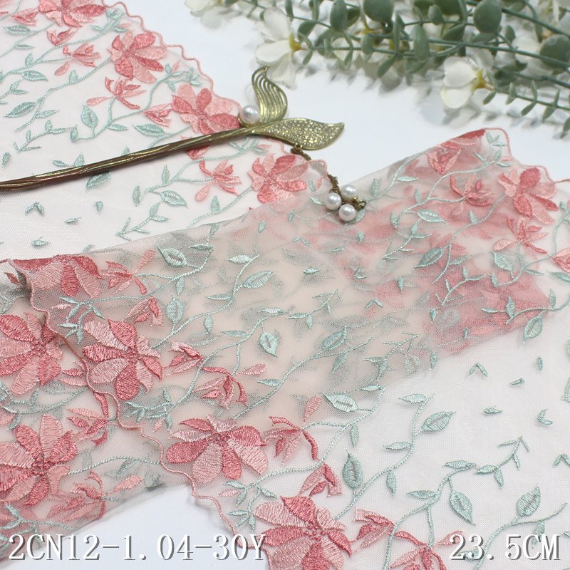 Colorful Flower Embroidery Lace Trim 23cm Soft stretch light pink Mesh Tulle Lace for girls clothing dress lingerie underwear