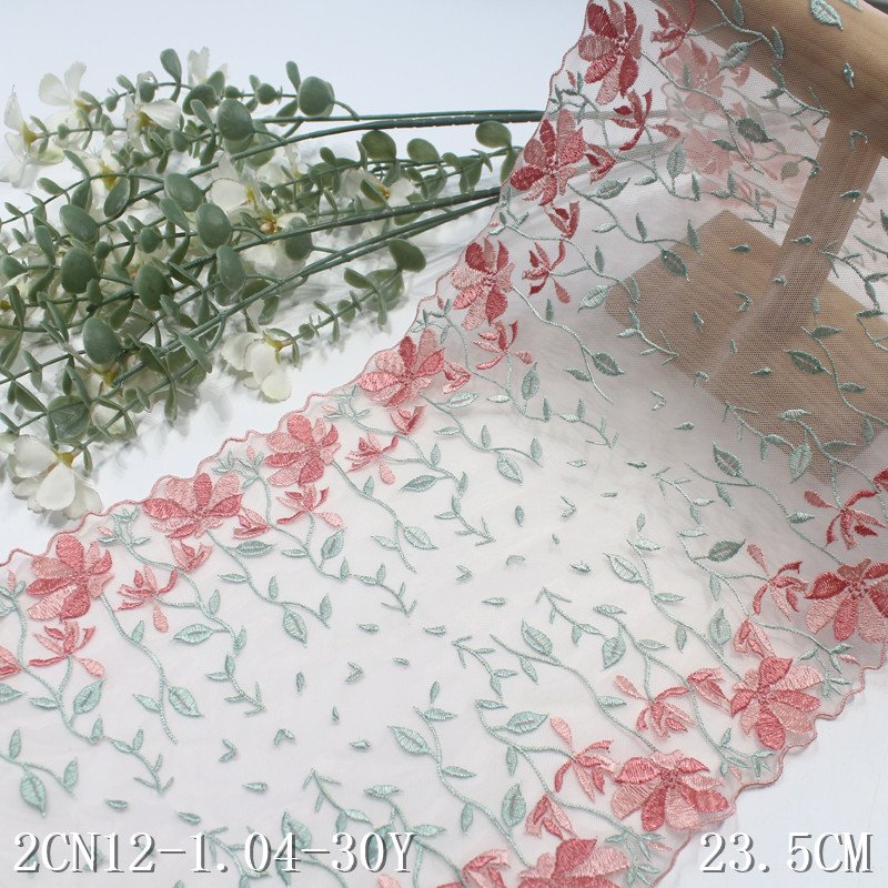 Colorful Flower Embroidery Lace Trim 23cm Soft stretch light pink Mesh Tulle Lace for girls clothing dress lingerie underwear