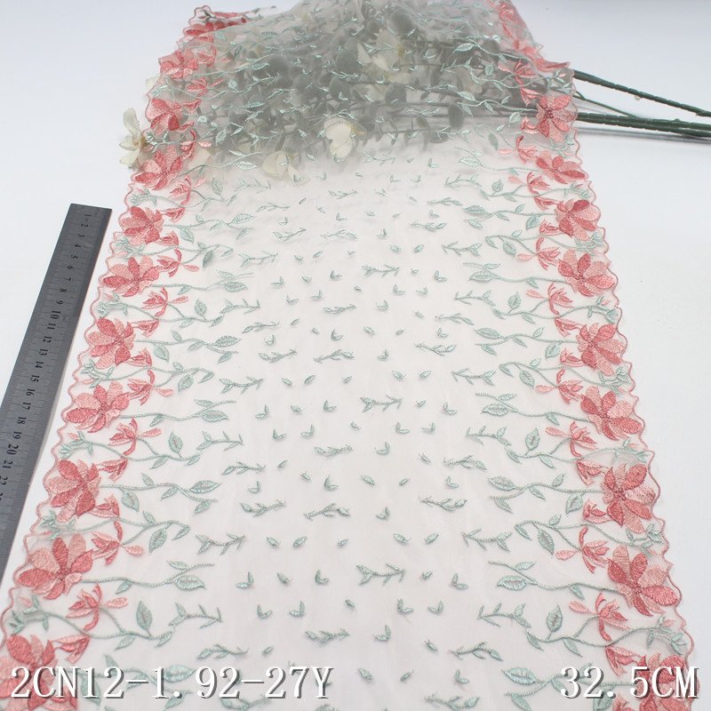 Colorful Flower Embroidery Lace Trim 23cm Soft stretch light pink Mesh Tulle Lace for girls clothing dress lingerie underwear