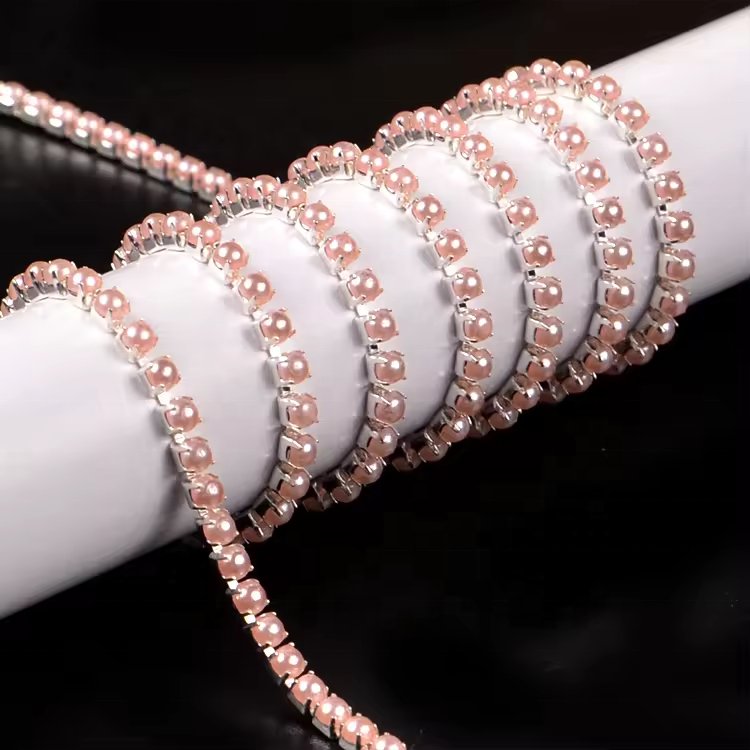 Colorful SS8 Crystal Strass Half Round Pearls Close Cup Rhinestones Trim Chain for Garments Decoration