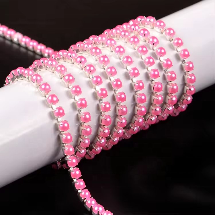 Colorful SS8 Crystal Strass Half Round Pearls Close Cup Rhinestones Trim Chain for Garments Decoration