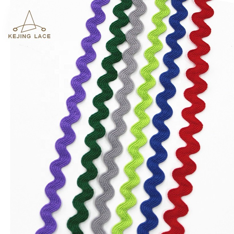 Wholesale colorful weaving zig zag ribbons, custom solid ric rac trims for garment