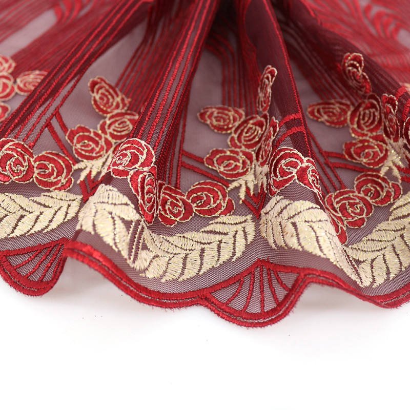 Charming Factory Price Gold Ears of Wheat and Red Rose Embroidered Lace flower lace trim