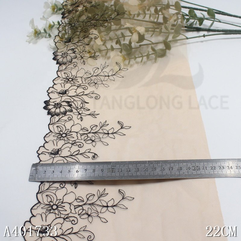 2024 high quality soft nude tulle floral embroidery lace trim black flower embroidered lace fabric for women lingerie underwear