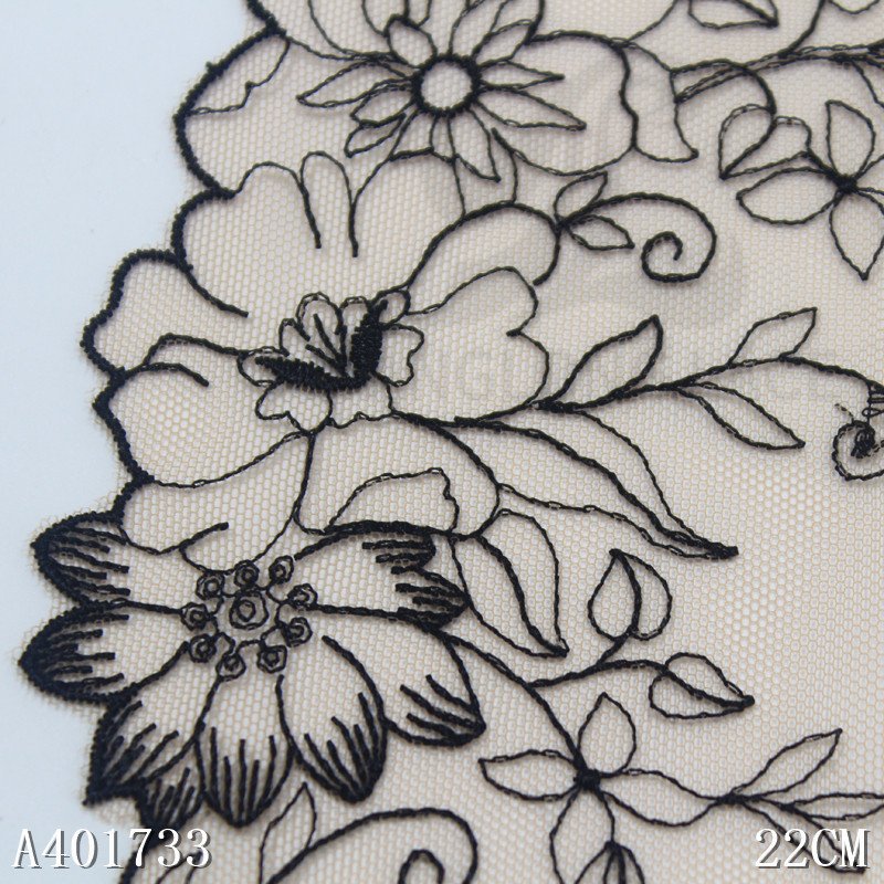 2024 high quality soft nude tulle floral embroidery lace trim black flower embroidered lace fabric for women lingerie underwear
