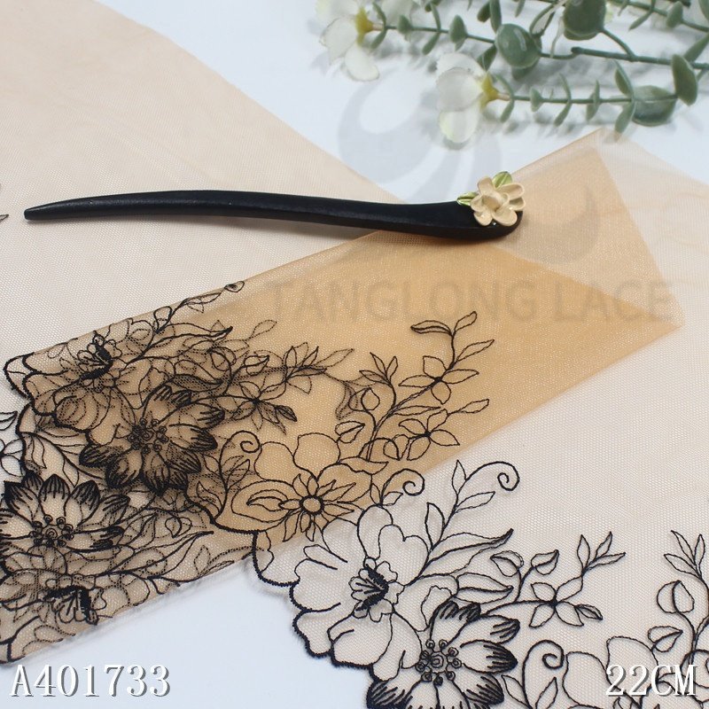 2024 high quality soft nude tulle floral embroidery lace trim black flower embroidered lace fabric for women lingerie underwear