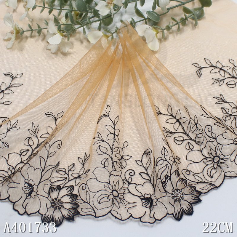 2024 high quality soft nude tulle floral embroidery lace trim black flower embroidered lace fabric for women lingerie underwear