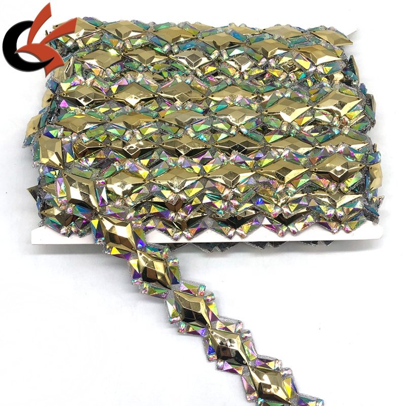 Carnival costume decoration sparkling Metallic gold AB crystals hot fix rhinestones beaded trimming