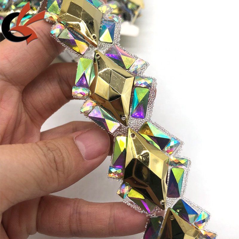 Carnival costume decoration sparkling Metallic gold AB crystals hot fix rhinestones beaded trimming