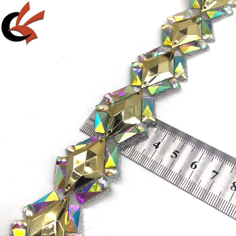 Carnival costume decoration sparkling Metallic gold AB crystals hot fix rhinestones beaded trimming