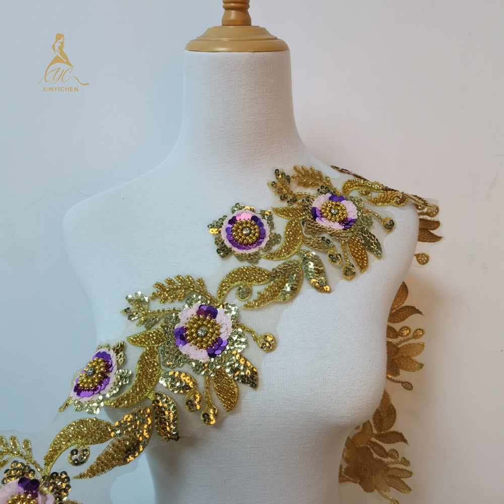 goldenha yellow lace embroidery trim sequin bead handmade rhinestone low price good price lace fabric white and gold