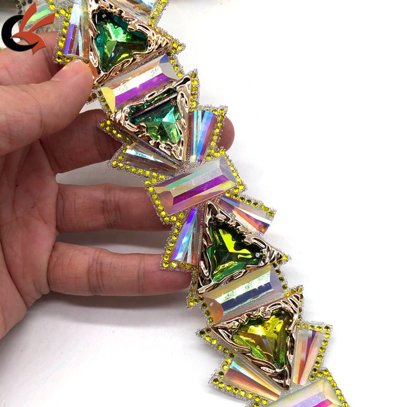 Nice design Green AB Resin Iridescent Stone Iron on trim hot fix rhinestone trimming