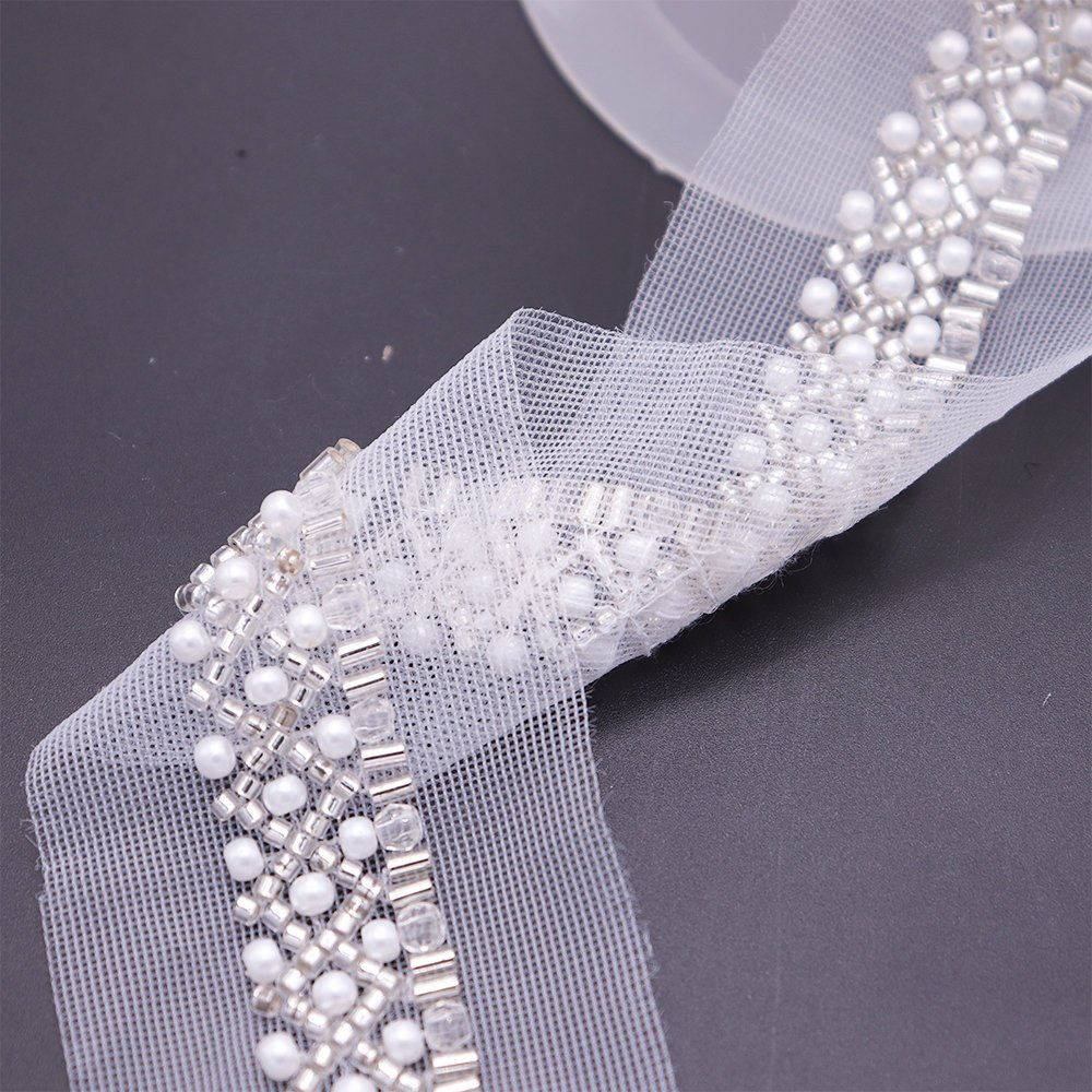 Wholesale High Quality Lace Beading Trimming Mesh Machine Embroidery Beaded Lace Trims