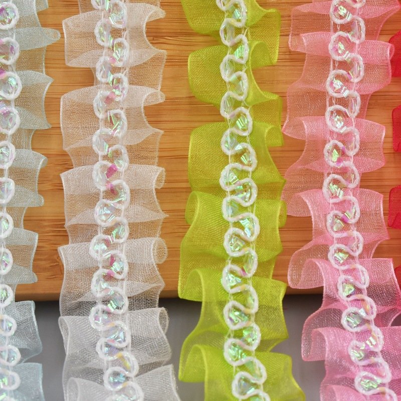 colorful glittering iridescent mesh ruffle trimming ruffles pleated mesh edging fabric lace trim frill pleated ruffle trim