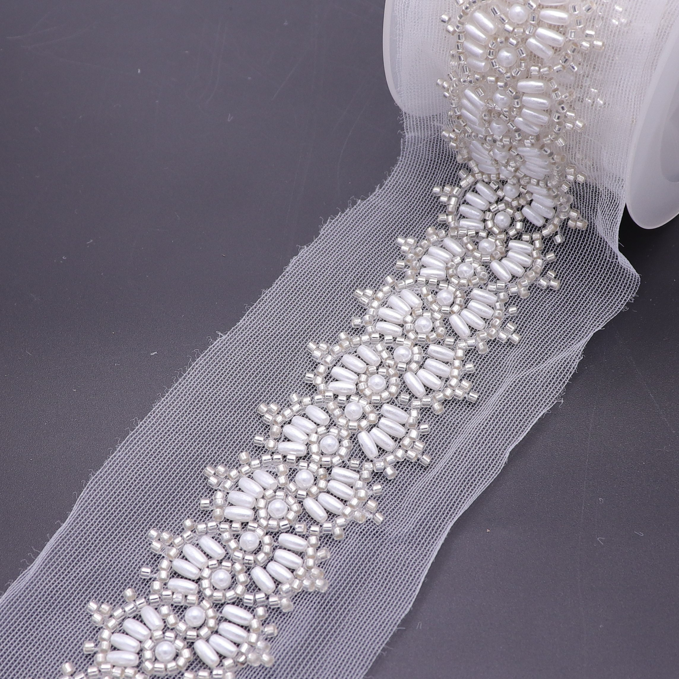 New Arrival Embroidered Pearl Trim Lace Sew On Beaded Lace Trims For Wedding Dress Decoration