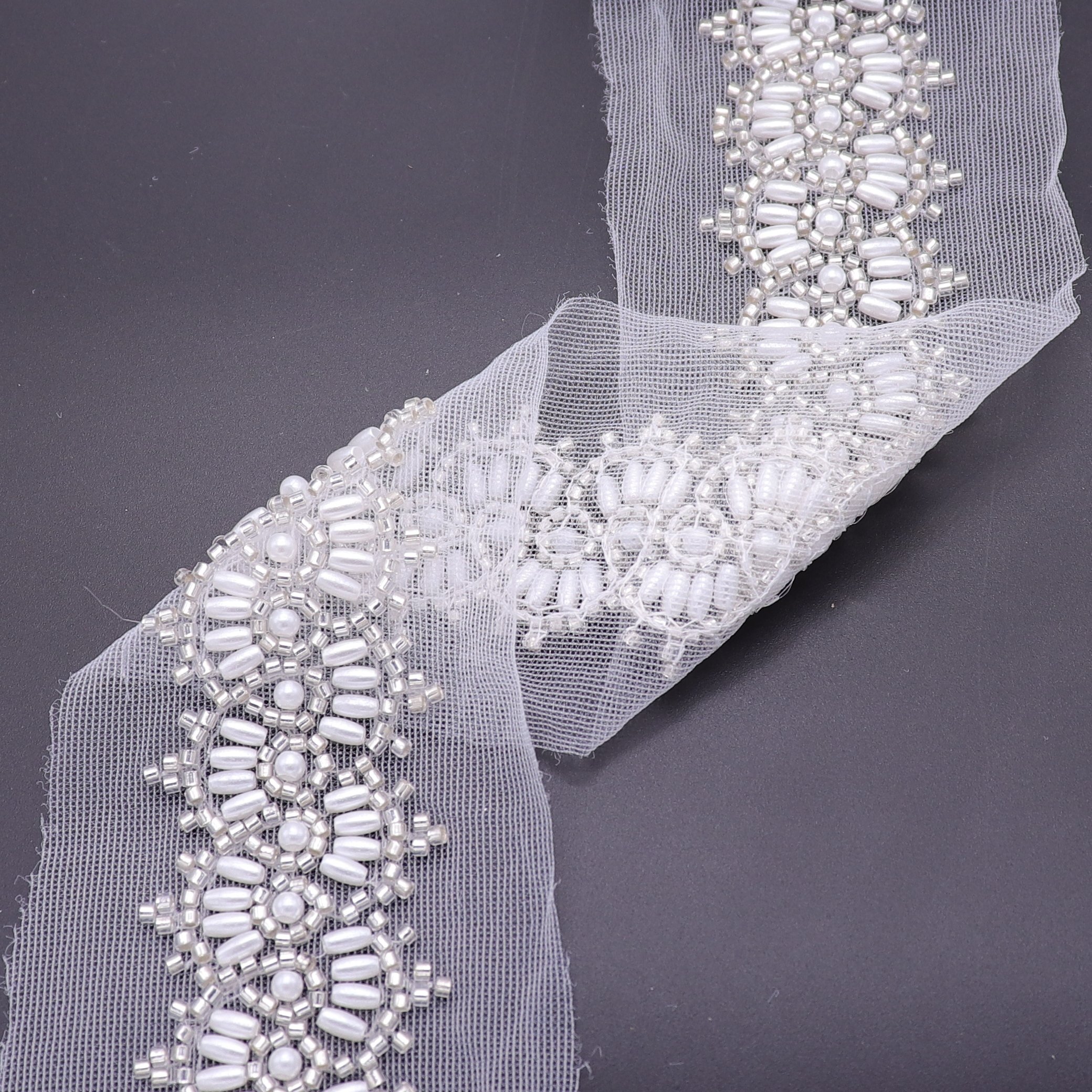 New Arrival Embroidered Pearl Trim Lace Sew On Beaded Lace Trims For Wedding Dress Decoration