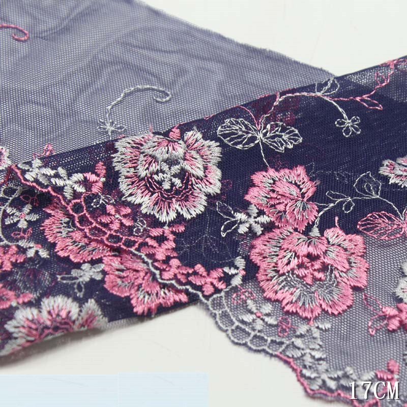 Width 18 cm Polyester Colorful flower Tulle Soft embroidery Lace trim Fabric 2 tones colors water soluble flowers lace For dress