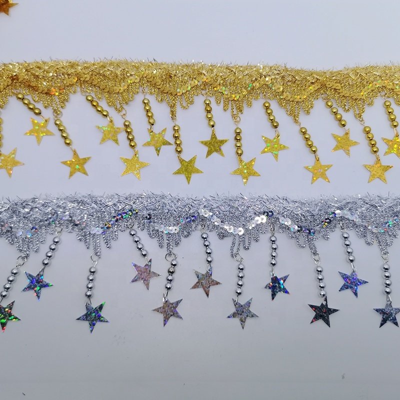 Wholesale 3Inch 8CM Gold and Silver Sparkle Star Tassel Trim For Decoration