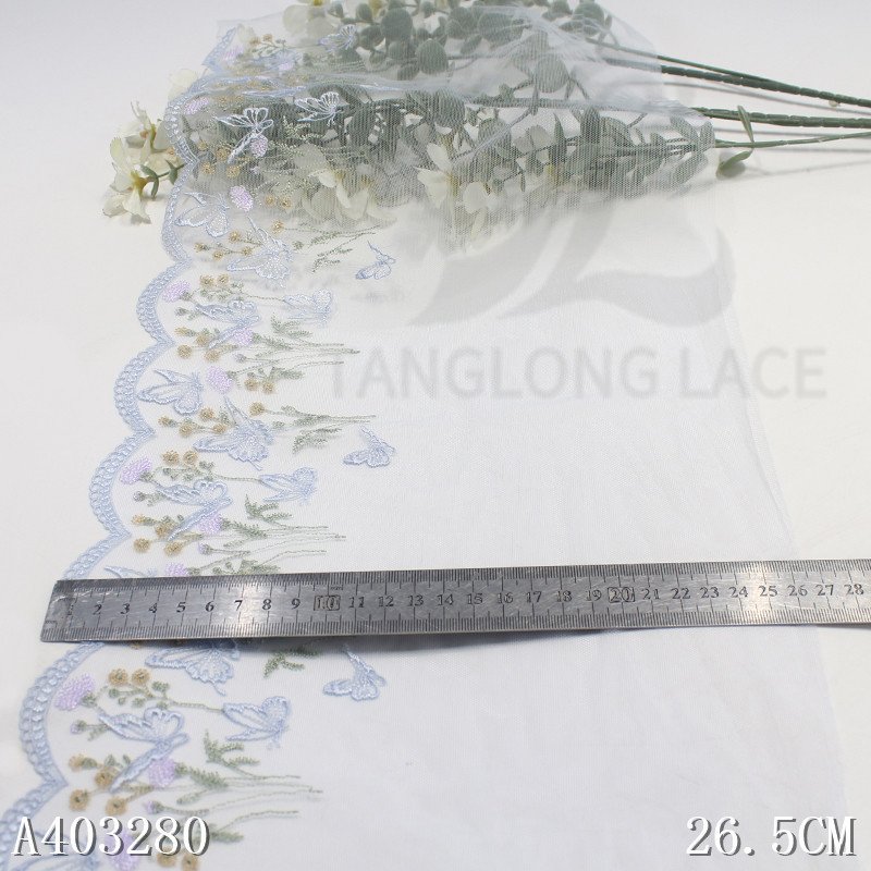Embroidery Flower Lace Trim From China Factory Light Blue Mesh Embroidered Fabric for Bra
