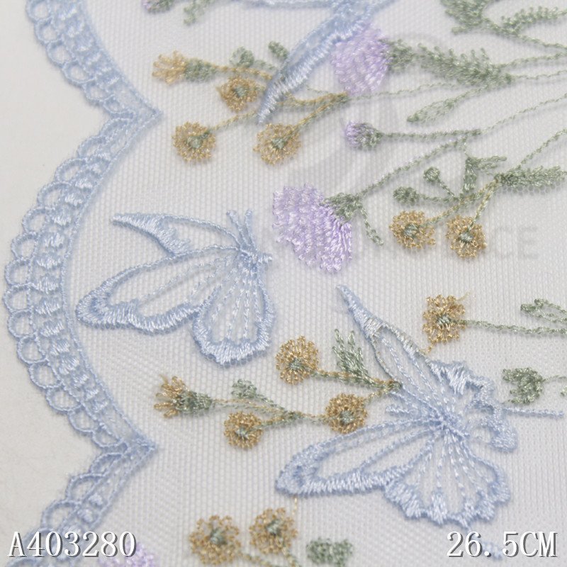 Embroidery Flower Lace Trim From China Factory Light Blue Mesh Embroidered Fabric for Bra