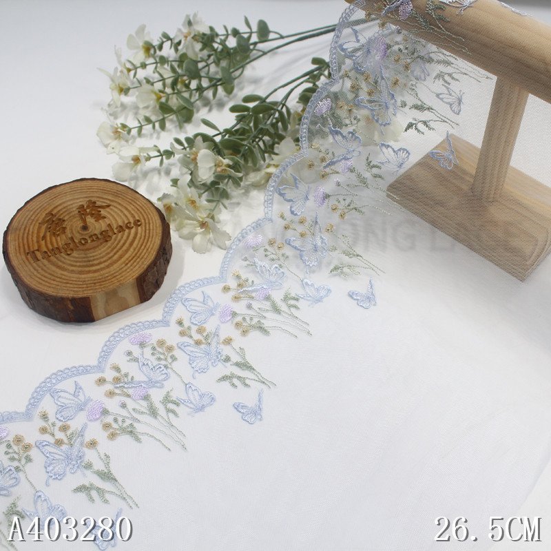 Embroidery Flower Lace Trim From China Factory Light Blue Mesh Embroidered Fabric for Bra