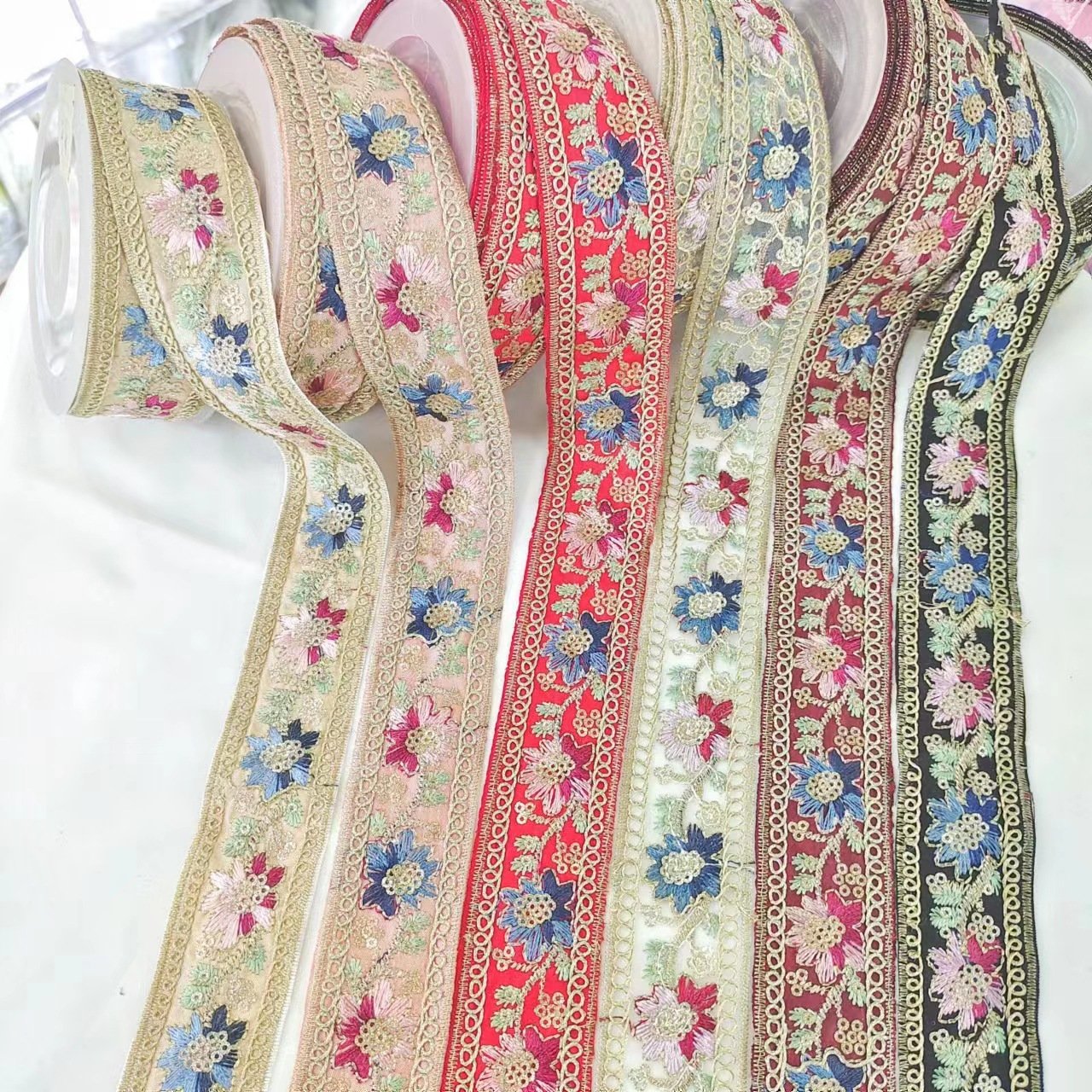 AFFNINTY design fancy border trimming lace ruffle ethnic fancy border trimming lace flower embroidery sequins lace ribbon trim
