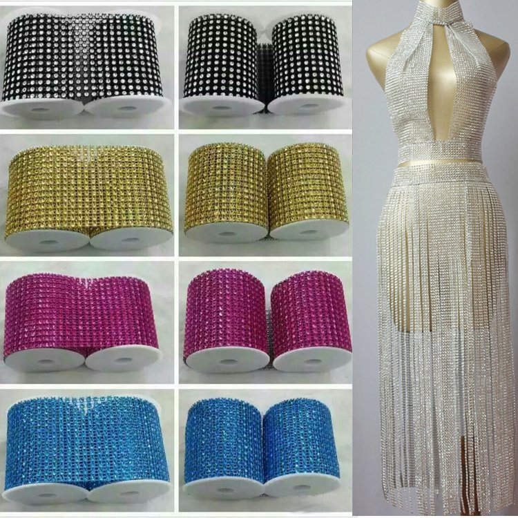 Hot Selling 24 Rows 4mm Gold Base 10 Yards/roll Mesh Trimming Without Zircons Plastic Rhinestone Sew On Mesh Trim