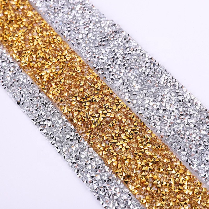 Custom self-adhesive hotfix crystal rhinestone gold ribbon trim for clothing