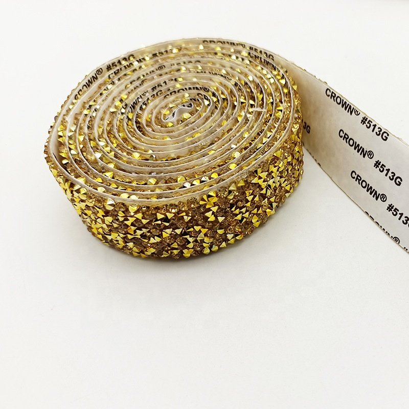 Custom self-adhesive hotfix crystal rhinestone gold ribbon trim for clothing